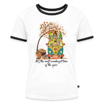 Hippie Gnome Peace Bus Fall Season - Frauen Kontrast-T-Shirt - Weiß/Schwarz - Vorne - Selfina (174cm)