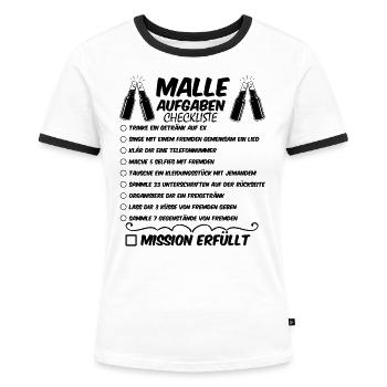 Malle Aufgaben Checkliste Malleurlaub Mallorca - Frauen Kontrast-T-Shirt - Weiß/Schwarz - Vorne - Selfina (174cm)