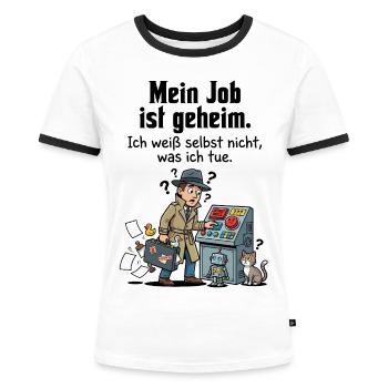Geheimauftrag im Büroalltag - Frauen Kontrast-T-Shirt - Weiß/Schwarz - Vorne - Selfina (174cm)