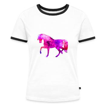 Pferd lustige Tiere blau-rosa Aquarell T Shirt Kin - Frauen Kontrast-T-Shirt - Weiß/Schwarz - Vorne - Selfina (174cm)