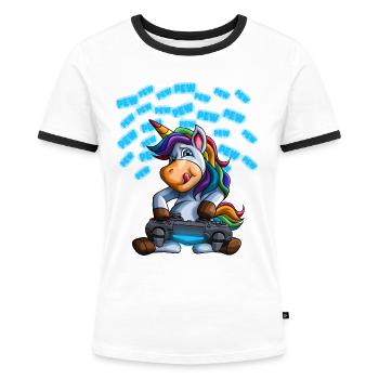 Pew Gamer Einhorn Lustiges PewPewPew Video Gaming Gif - Frauen Kontrast-T-Shirt - Weiß/Schwarz - Vorne - Selfina (174cm)