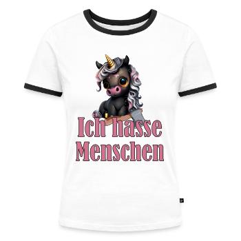 Kleines süßes Schwarzes Einhorn mit Spruch - Frauen Kontrast-T-Shirt - Weiß/Schwarz - Vorne - Selfina (174cm)