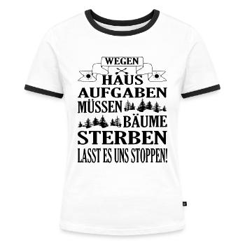 Lustige Hausaufgaben gefährden Bäume - Frauen Kontrast-T-Shirt - Weiß/Schwarz - Vorne - Selfina (174cm)