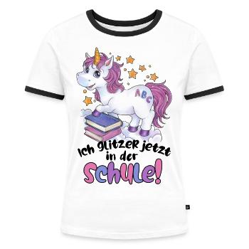 Niedliches Einhorn Zuckertüte Geschenk Einschulung - Frauen Kontrast-T-Shirt - Weiß/Schwarz - Vorne - Selfina (174cm)