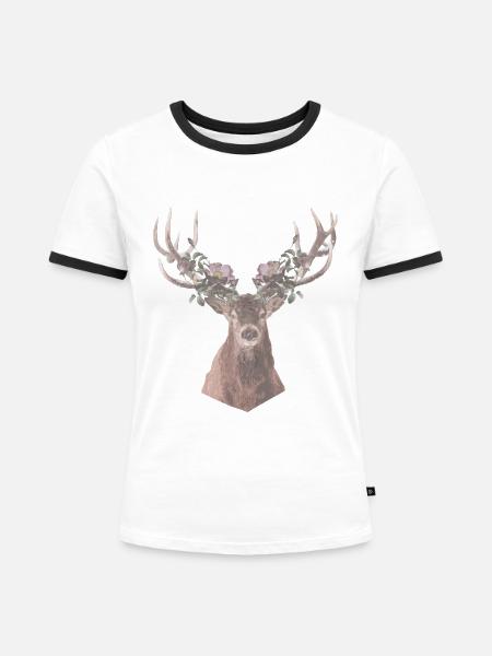 Hirsch mit Blumen - Frauen Kontrast-T-Shirt - Weiß/Schwarz