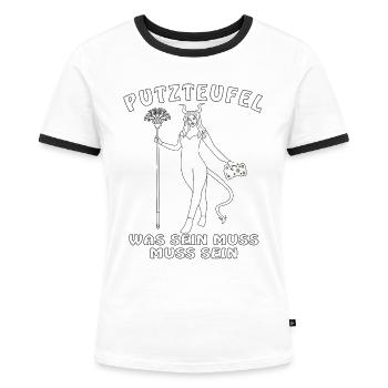 PUTZTEUFEL WAS SEIN MUSS MUSS SEIN - Frauen Kontrast-T-Shirt - Weiß/Schwarz - Vorne - Selfina (174cm)
