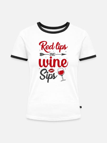 Rote Lippen und Wein - Frauen Kontrast-T-Shirt - Weiß/Schwarz