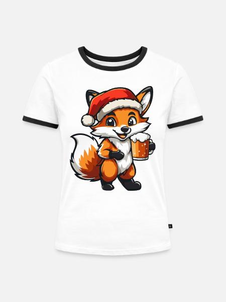 Fuchs Weihnachten Bier - Frauen Kontrast-T-Shirt - Weiß/Schwarz