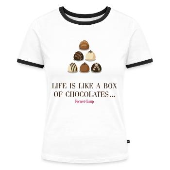 Forrest Gump Life Is Like A Box Of Chocolates… - Frauen Kontrast-T-Shirt - Weiß/Schwarz - Vorne - Selfina (174cm)