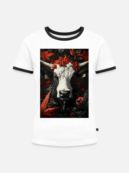Stierkopf im Herbstlaub - Frauen Kontrast-T-Shirt - Weiß/Schwarz