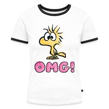 Peanuts Woodstock OMG Oh Mein Gott - Frauen Kontrast-T-Shirt - Weiß/Schwarz - Vorne - Selfina (174cm)