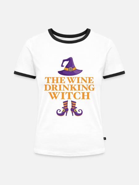 Die Wein trinkende Hexe - Frauen Kontrast-T-Shirt - Weiß/Schwarz
