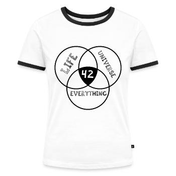 Antwort 42 - Frauen Kontrast-T-Shirt - Weiß/Schwarz - Vorne - Selfina (174cm)