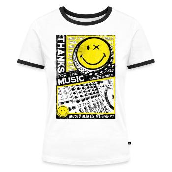 Smiley für Musikliebhaber mit Dj Mischpult - Frauen Kontrast-T-Shirt - Weiß/Schwarz - Vorne - Selfina (174cm)