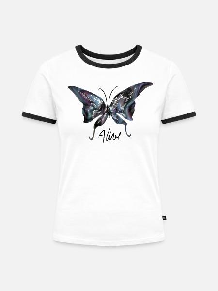 Lebendig / Schmetterling - Frauen Kontrast-T-Shirt - Weiß/Schwarz
