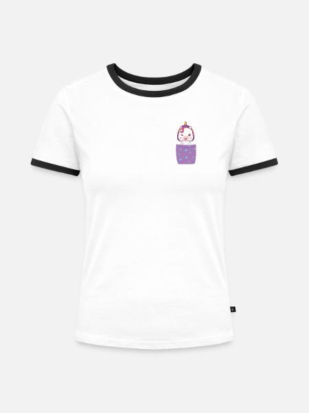 Einhorn in Brusttasche - Frauen Kontrast-T-Shirt - Weiß/Schwarz