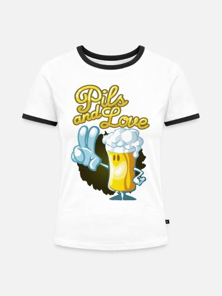 Pils und Liebe Toon - Frauen Kontrast-T-Shirt - Weiß/Schwarz