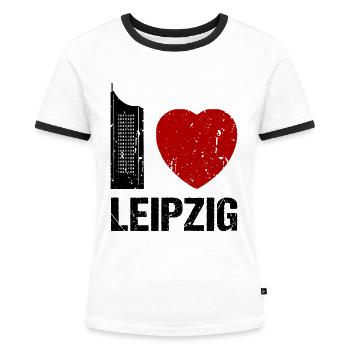 I love Leipzig Skyline Hochhaus Stadt Leipzig - Frauen Kontrast-T-Shirt - Weiß/Schwarz - Vorne - Selfina (174cm)