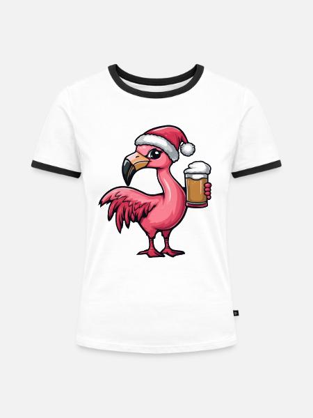 Flamingo Weihnachten Bier - Frauen Kontrast-T-Shirt - Weiß/Schwarz