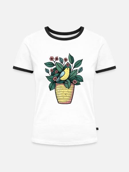 Vogel im Blumentopf - Stilzeichnung - Frauen Kontrast-T-Shirt - Weiß/Schwarz