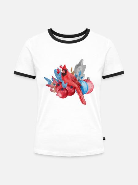 Roter Kardinal und Weihnachtsschmuck - Frauen Kontrast-T-Shirt - Weiß/Schwarz