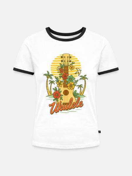 Hawaiianische Ukulele im Blumenparadies - Frauen Kontrast-T-Shirt - Weiß/Schwarz