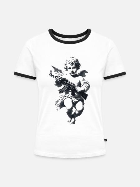 Engel mit Gewehr Silhouette - Frauen Kontrast-T-Shirt - Weiß/Schwarz