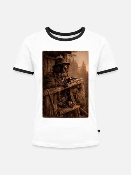 Abendansitz - Deutsch Langhaar - Frauen Kontrast-T-Shirt - Weiß/Schwarz