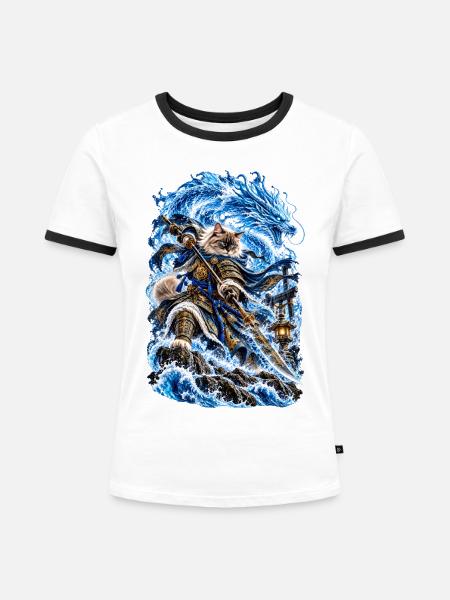Samurai Cat Tidal Sentinel - Frauen Kontrast-T-Shirt - Weiß/Schwarz