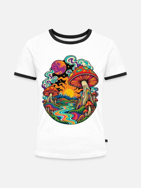 Psychedelische Pilzlandschaft - Frauen Kontrast-T-Shirt - Weiß/Schwarz