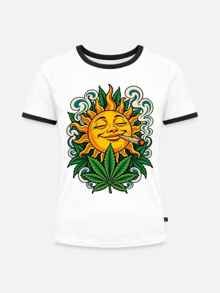 Sonne, Hanfblatt und Jointrauch - Frauen Kontrast-T-Shirt - Weiß/Schwarz