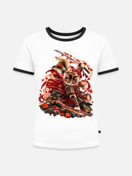 Samurai Cat Autumn Ronin - Frauen Kontrast-T-Shirt - Weiß/Schwarz