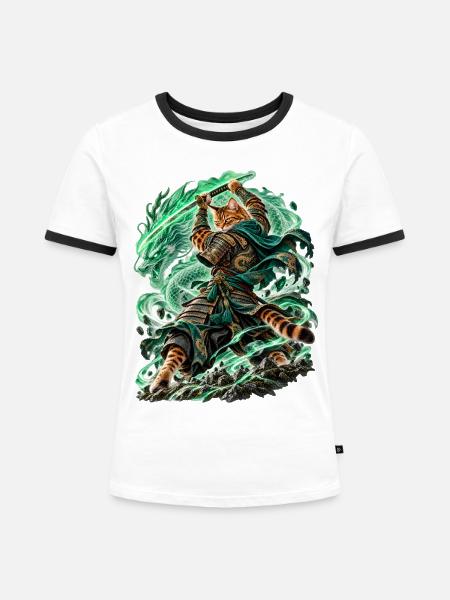 Samurai Cat Dragonheart - Frauen Kontrast-T-Shirt - Weiß/Schwarz