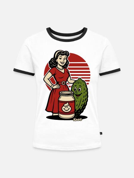 Retro Homemaker mit Gurkenglas - Frauen Kontrast-T-Shirt - Weiß/Schwarz