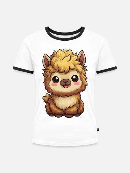 Kuschelige Alpaka-Karikatur - Frauen Kontrast-T-Shirt - Weiß/Schwarz