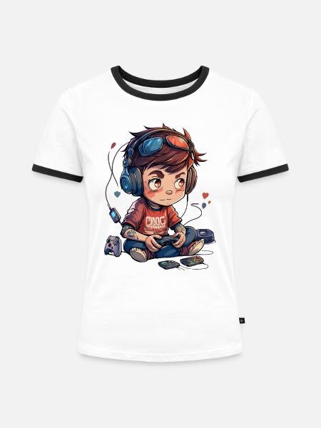Cute Gamer Boy - Frauen Kontrast-T-Shirt - Weiß/Schwarz