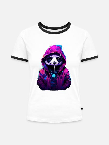 Panda mit Kapuze - Frauen Kontrast-T-Shirt - Weiß/Schwarz