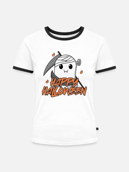 Happy Halloween - Niedlicher Geist - Frauen Kontrast-T-Shirt - Weiß/Schwarz