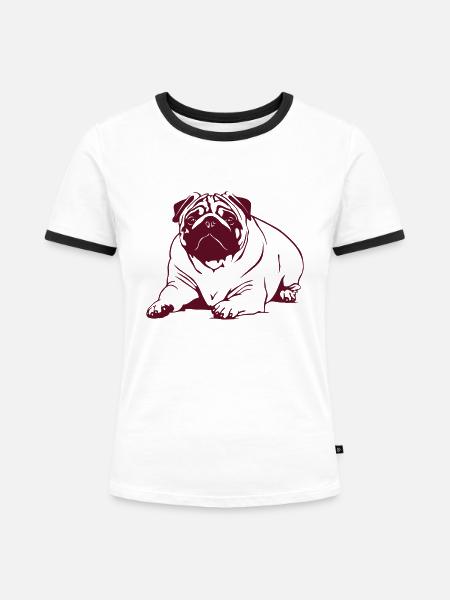 Mops - liegend - Frauen Kontrast-T-Shirt - Weiß/Schwarz