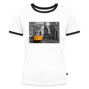 Lissabon Straßenbahn - Frauen Kontrast-T-Shirt - Weiß/Schwarz - Vorne - Selfina (174cm)