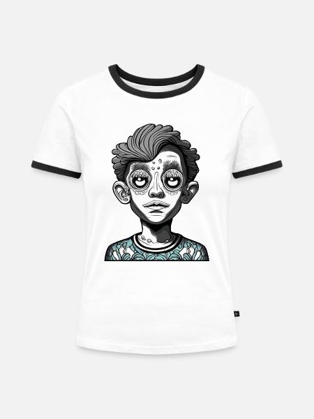 Psychedelisches mysteriöses Kindergesicht - Frauen Kontrast-T-Shirt - Weiß/Schwarz