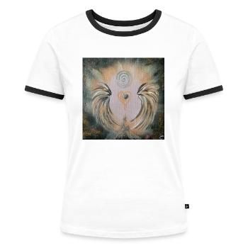 Herzenge l"Auflösung tiefer Trauigkeit" - Frauen Kontrast-T-Shirt - Weiß/Schwarz - Vorne - Selfina (174cm)
