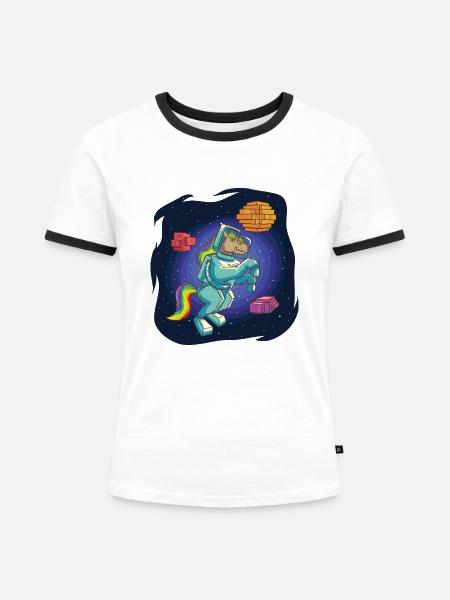 Astronauten-Pferd in Voxel-Land - Frauen Kontrast-T-Shirt - Weiß/Schwarz