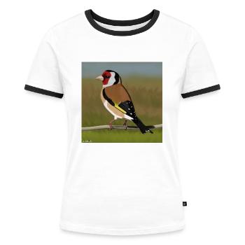 jz.birds Stieglitz Vogel Design - Frauen Kontrast-T-Shirt - Weiß/Schwarz - Vorne - Selfina (174cm)