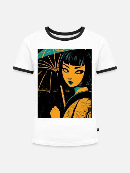 Nachtlicht Mädchen mit UkiyoE Regenschirm - Frauen Kontrast-T-Shirt - Weiß/Schwarz