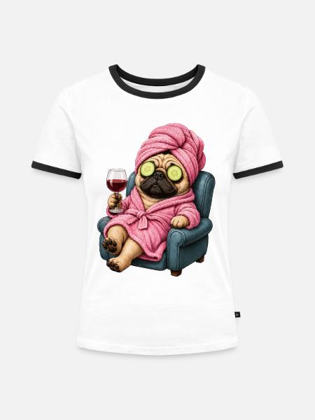 Spa-Pug im Pinken Bademantel - Frauen Kontrast-T-Shirt - Weiß/Schwarz