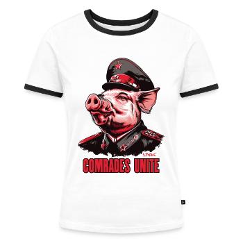 Parodie Kommunismus Schwein: Kameraden Vereinigung - Frauen Kontrast-T-Shirt - Weiß/Schwarz - Vorne - Selfina (174cm)