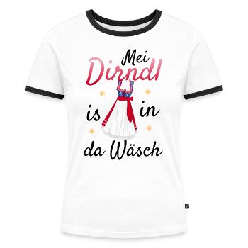 Dirndl Tracht | Mei Dirndl is in da - Frauen Kontrast-T-Shirt - Weiß/Schwarz - Vorne - Selfina (174cm)