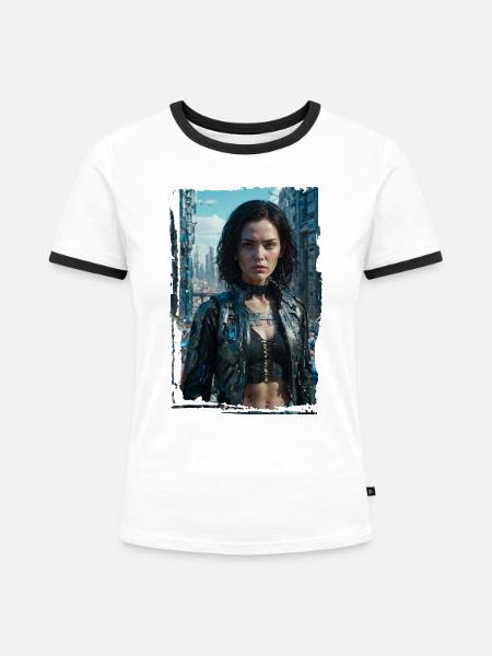 Porträt eines Sci-Fi-Cyberpunk-Mädchens - Frauen Kontrast-T-Shirt - Weiß/Schwarz