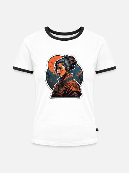 Frau mit Kimono - Frauen Kontrast-T-Shirt - Weiß/Schwarz